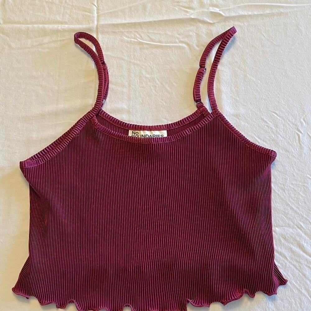 Burgundy Ribbed Cropped Cami Tank with Lettuce Trim & Adjustable Straps
